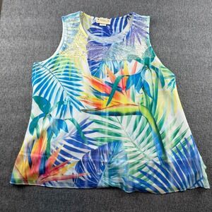 Impulse California Tank Top Womens PL Blue Tropical Bird of Paradise Lace Trim